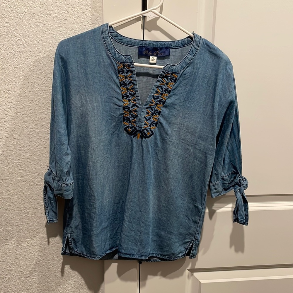 Denim top with tie sleeves. TOP only. Skirt sold separately.